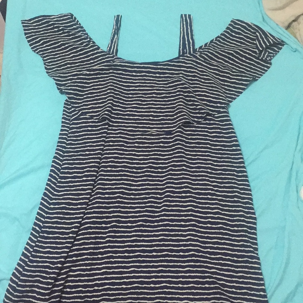 Signature 18W blue/white striped ruffle dress
